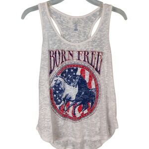 Born Free American Flag Horse Graphic Burnout Racerback Tank Top White Medium